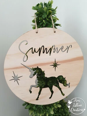 Personalised Wooden Name Wall Door Plaque Sign nursery Baby Round Girl Unicorn - image 1 of 4