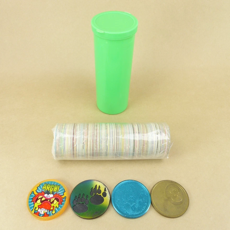 100 Pogs + 4 Slammers + Pog Tube 1990s Retro Nostalgia! Pog Game Ready To Play. - Image 1 of 1