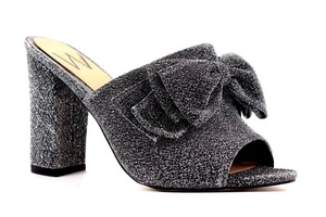 Wallis Sweden Ladies UK 7 Silver Sparkly Block Heeled Peep Toe Bow Mule Sandals - Picture 1 of 6