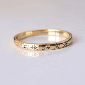 Natural Diamond Starburst Half Eternity Stackable Band Ring In 14k Yellow Gold - Picture 1 of 9