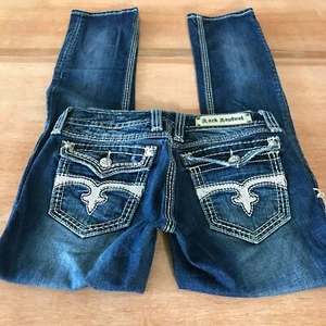 Rock Revival Madison Straight Jean Women 28 Blue Low Rise Distressed Flap Pocket - Picture 1 of 15