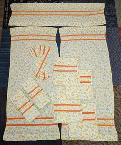 Vtg 70s Floral Cafe Curtain Set 3 Window Panels Valances Tiebacks Yellow Orange - Picture 1 of 5