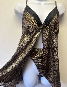 Vintage Gilligan & O'Malley Satin Flyaway Cami & G-String Höschen XXL Leopard Gepard - Bild 1 von 12