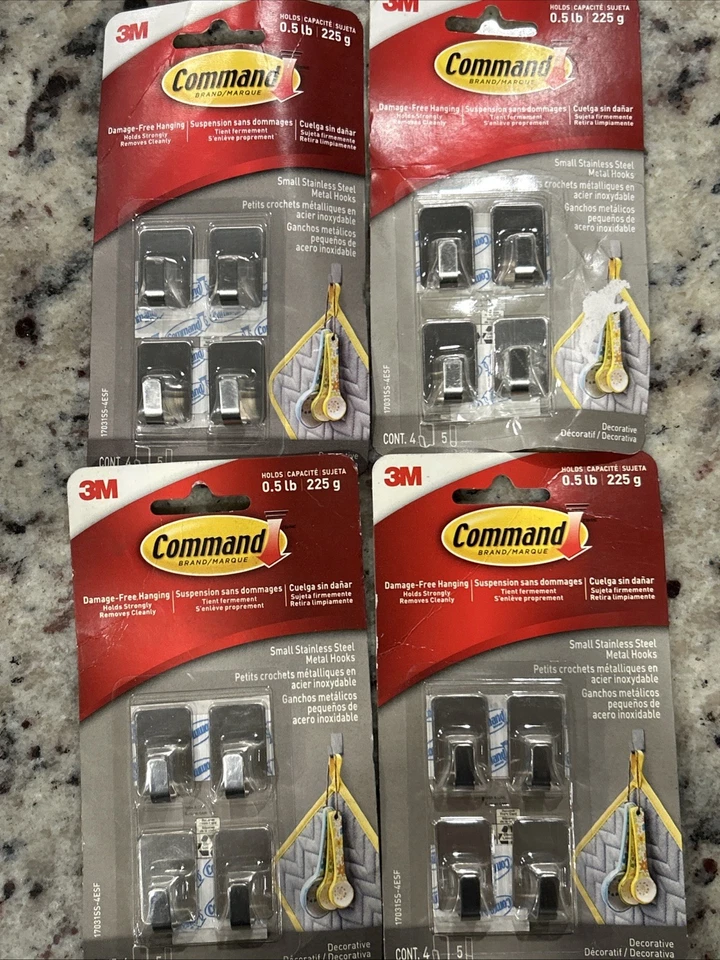(Lote de 4) Ganchos Command pequeños de metal de acero inoxidable, 4 ganchos, 5 tiras Foto 1 de 1