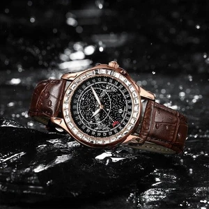 POEDAGAR Orologio Uomo Pelle Quarzo Impermeabile Luminoso Bling Moda - Foto 1 di 14