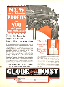 1931 Ad Globe Machinery & Supply Co Des Moines IA Auto Hoist Cup Leather Design - Picture 1 of 1