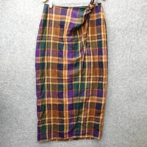 Lauren Ralph Lauren Linen Wrap Skirt Womens 10 M Purple Tartan Plaid Summer Boho - Picture 1 of 12