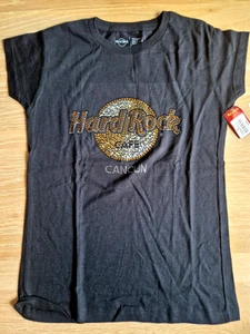 HRC Hard Rock Cafe Cancun Black Tee Gold Logo Girls Size M NWT Gemestone - Picture 1 of 5
