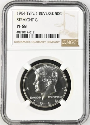 1964 PROOF KENNEDY HALF DOLLAR, STRAIGHT "G" NGC PF68 017017 - Image 1 of 2