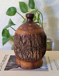 Vintage Handmade Live Edge Wood Bud Vase Signed 6.5" Natural Organic Rustic 