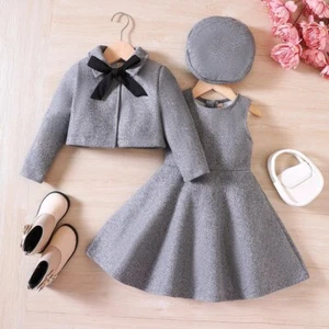 Girls' Autumn/Winter New Bow Fleece Coat+Tank Top Dress+Beret Three Piece Set US - Picture 1 of 9