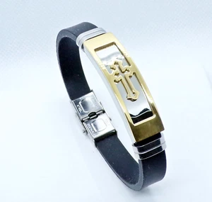 Christian Cross Stainless Steel and Silicone Bracelet Wristband, 8 Inch - Picture 1 of 5