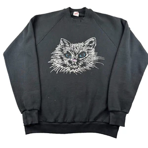 Vintage Jerzees Sweatshirt Women's XL Black Logo Blue Eyed Cat - Picture 1 of 9
