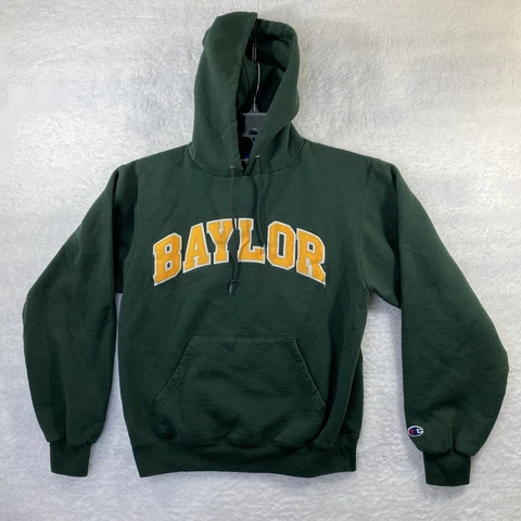 Champion Eco Fleece Hooded Baylor Green Sweatshirt Size S Drawstring Front Pouch Cover