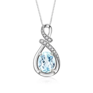 RYLOS AQUAMARINE & DIAMOND GEMSTONE "S" PENDANT NECKLACE 18" STERLING SILVER - Afbeelding 1 van 6