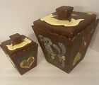 2 MCM Retro Rustic Kitchen Storage Canisters Wood Grain Kitsch Groovy 10”