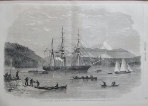 VANCOUVER ISLAND HARVEY PORT VIEW BOAT ENGRAVING THE ILLUSTRIOUS UNIVERSE 1866 - Picture 1 of 2