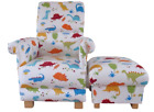 Prestigious Dinosaurs Fabric Adult Chair & Footstool Dino Nursery Armchair Blue