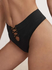 Women’s Lace Panty Cut Outs Criss Cross Cheeky Sexy Black Mis Rise SZ Large - Picture 1 of 6