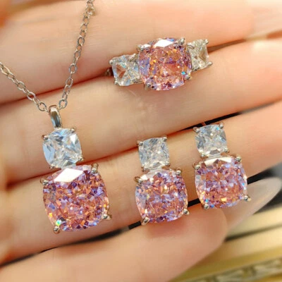 3pc Ice Flower Cut Pink Topaz Gems Luxury Women Silver Necklace Earring Ring - Image 1 of 4