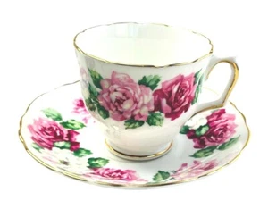 Vintage Crown Staffordshire Tea Coffee Cup 2.75" Tall and Saucer 5.5" Pink Roses - Picture 1 of 6