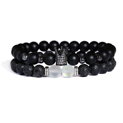 Juego de pulseras de cuentas con dije de corona de 8 mm para hombres y mujeres de piedra de ónix mate Foto 1 de 4