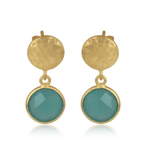 18K Gold Plated Hammered Disc Earrings With Round Blue Chalcedony Charm Stone - Picture 1 of 5