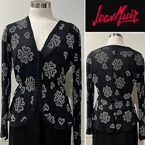 JEAN MUIR Black/White Hearts Beaded Crepe Knit Jersey Button Top 10Aust-UK/6US - Picture 1 of 15