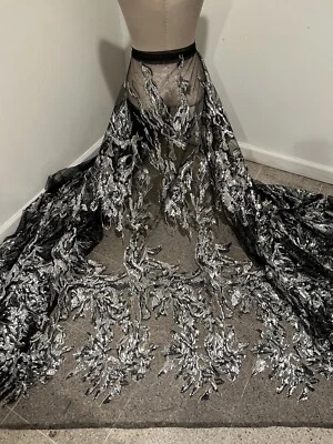 Silver Gold Black  Embroidery sequins Stretch Mesh Lace fabric 50” Width 1 Yd - Image 1 of 4