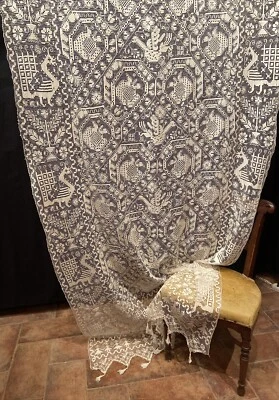 Antica Rara Tenda Tendone Filet Sardo Di Bosa Originale Fatta a Mano 290x125cm - Immagine 1 di 4