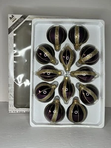Vintage Unique Treasures Hand Lacquered Glass Ornament Set Of 12 Purple & Gold - Picture 1 of 12