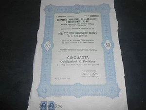 1954 50 OBBLIGAZIONI NAPOLETANA ILLUMINAZIONE E SCALDAMENTO COL GAS NAPOLI - Picture 1 of 1