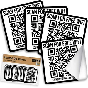 Witty Yeti Ad-Free, Realistic 2x2IN Fake WiFi Rick Roll QR Code Stickers 25 P... - Picture 1 of 6