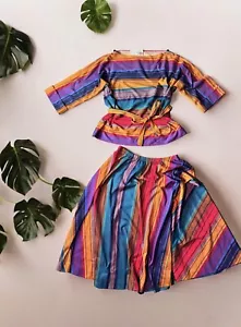 Vintage Lady Carol Petites 70s Two-Piece Top & Skirt Set Size 10 Striped Beach - Picture 1 of 14