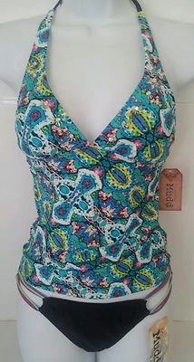 MUDD Swimsuit Tankini 2 Pcs Set Halter Padded Top Multi Black Solid Bottom - Image 1 of 3