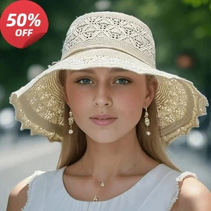 Floppy Foldable Ladies Women Straw Beach Sun Hat Summer Travel Wide Brim Cap NEW - Picture 1 of 19
