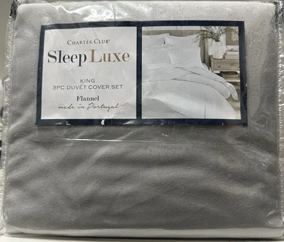 Juego de funda nórdica Charter Club Sleep Luxe 100 % franela portuguesa king gris nuevo Foto 1 de 4
