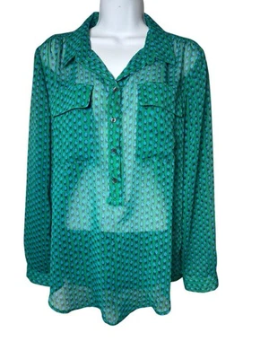 Liz Claiborne Women Dotted Long Sleeve 1/2 Button-Up Shirt Pockets Green Size M - Image 1 of 4