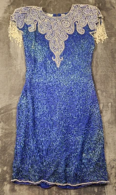 Scala Dress Womens Medium Blue Flapper Beaded Sequin Silk Short Fringe Z* - Image 1 of 4