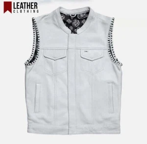 Men's White Leather Vest W/ Black Paisley Lining & Thread Concealed Waistcoat - Picture 1 of 5