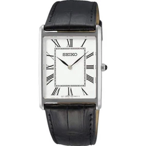 Seiko SWR049P1 Men's Quartz Watch – Silver Rectangular Case, Black Leather Strap - Picture 1 of 5