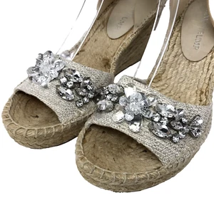 IVANKA TRUMP Sandals Womens 8M Beige Dixi Espadrille Wedge Rhinestone Bling RARE - Picture 1 of 14