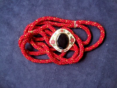 VINTAGE CLOISONNE BLACK ONYX MULTI COLOR FLORAL WHITE BUCKLE W/ RED ROPE BELT - Image 1 of 4