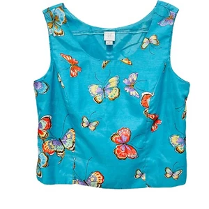 Emma James Butterfly Print Pank Top Size 16 Womens Bold Blue Faux Silk Side Zip - Picture 1 of 9