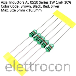 5 pezzi 1mH 1W 1000uH Induttanza assiale Serie AL0510 dimensioni max. 5 x 10,5mm - Picture 1 of 1