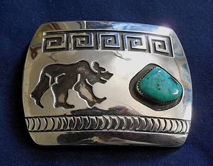 NAVAJO R SCOTT STERLING Cutout Overlay Stamped TURQUOISE Vint BEAR BUCKLE Estate - Picture 1 of 3