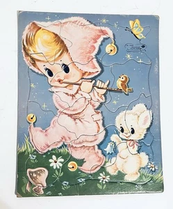 Vtg Sta-N-Place Inlaid Puzzle 140:29 Girl Bunny Made In The USA 10.5 X 14” - Picture 1 of 4