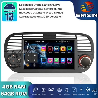 4G+64G Android 14 Autoradio GPS DAB+CarPlay DTV OBD Wifi Fiat 500/500C/500S/500E - Bild 1 von 4