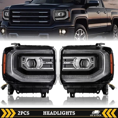 For 2014-2015 GMC Sierra 1500/15-19 2500HD 3500HD Black LED Headlights L+R - Image 1 of 4