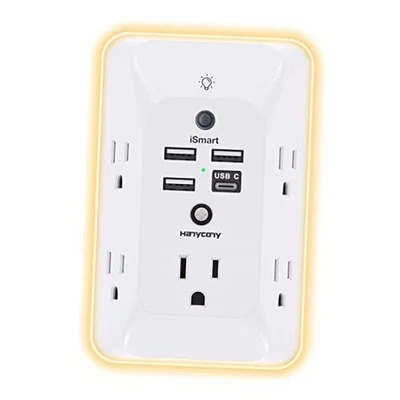 HANYCONY - Extensor de toma de corriente con luz nocturna, 1 USB C Blanco Foto 1 de 4